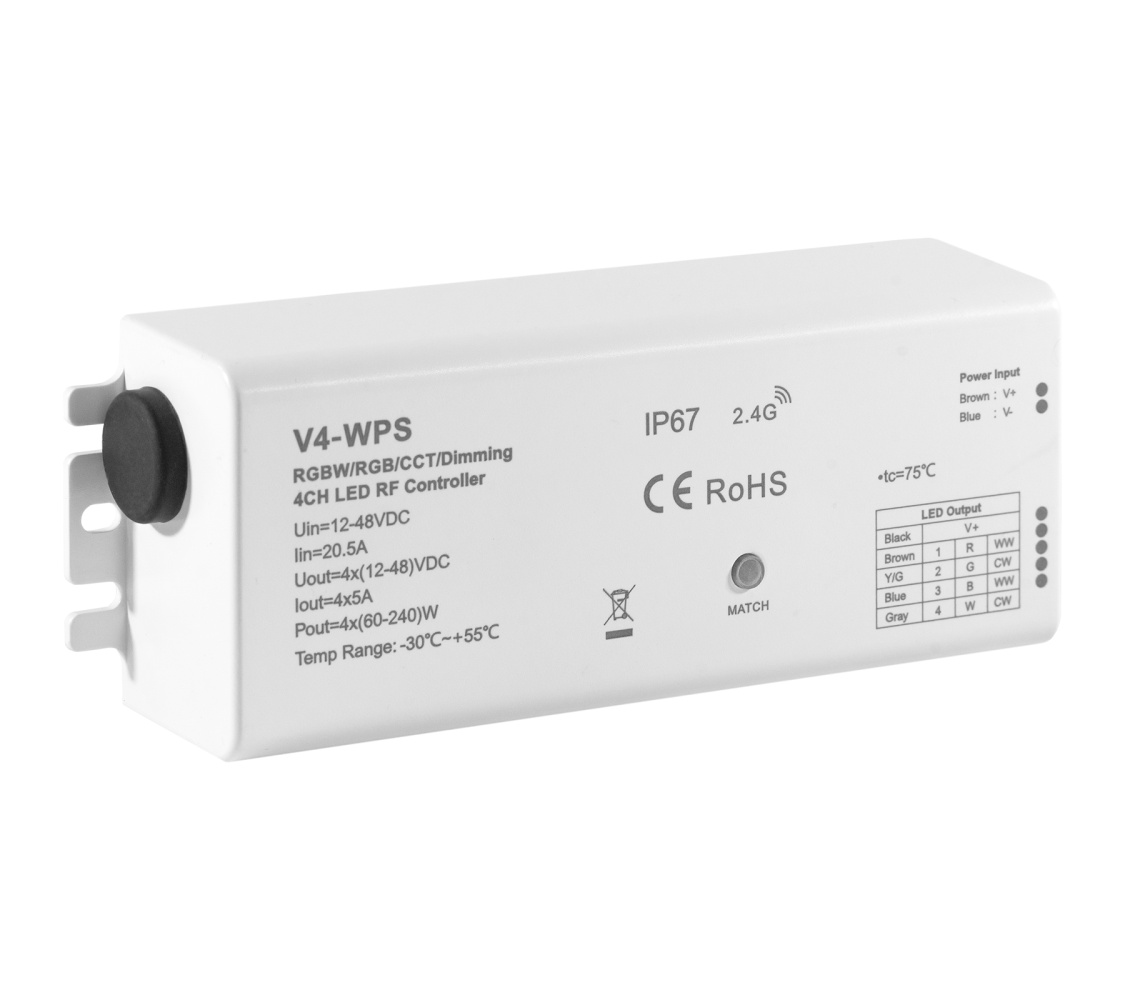 Контроллер-RGBW ELFLED V4-WPS, 12/36B, 5A/канал, IP67